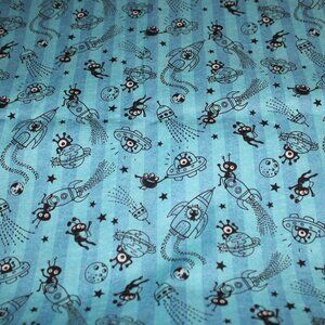 Monster Astronauts Michael Miller Blue Cotton Fabric 1 Yard 44 Wide